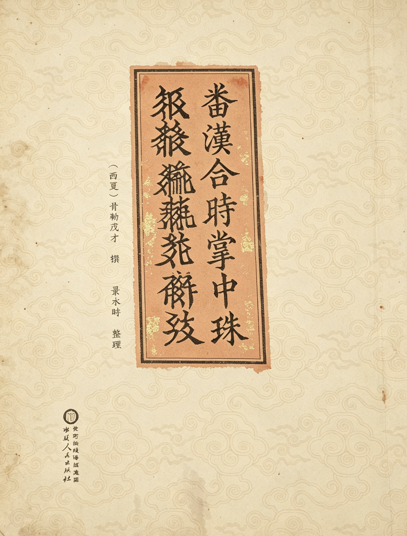 《番汉合时掌中珠》封面：中央朱红签条内，右为汉文题名「蕃汉合时掌中珠」，左为西夏文题名；左侧小字署「（西夏）骨勒茂才 撰」。